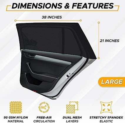 EcoNour Car Window Shades for Baby (Pack of 2) | Sun Shade for Car Heat and UV Protection | Adjustable Elastic Fabric Side Window Shade for Baby | Rear Side Window Sunshade (Large 38"x21")