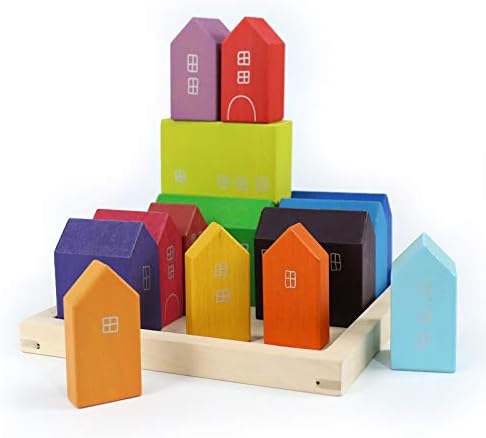 'Little Houses' Rainbow Large 15 Piece Rainbow Blocks, Wooden Toys for Kids, Geometric Stacking Educational Building Block Set