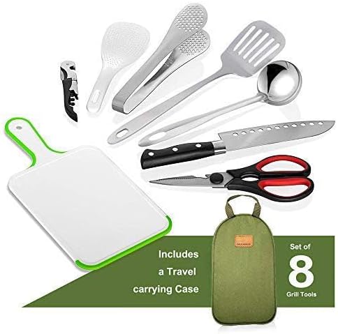Camp Kitchen Utensil Organizer Travel Set Portable BBQ Camping Cookware Stainless Steel Utensils Travel Kit Outdoor Equipment Cutting Board Tongs Scissors Knife Ladle Spatula