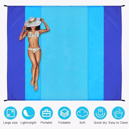 Beach Blanket Beach Mat, Sandproof Waterproof Beach Mat, Extra Large 82 * 79 in (5-7 People) Picnic Blanket with 1 Storage Bag, 1 Carabiner & 4 Fixed Nails for Beach, Camping, Hiking, Picnic