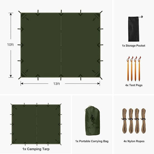 FREE SOLDIER Camping Tarp Waterproof Portable Multifunctional Outdoor Camping Traveling Awning Backpacking Shelter Rain Tarp (Dark Green 10×13ft)