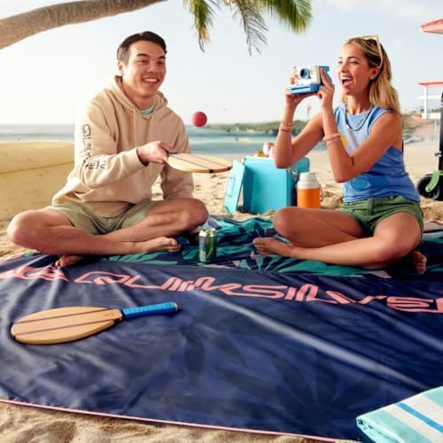 QUIKSILVER Sand-Free Beach Mat – Large Waterproof Outdoor Picnic Blanket, Lightweight Foldable Mat for Beach, Camping, Park, or Travel – Fits 4-6 People, Quick-Dry, Durable