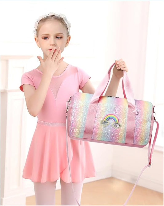Ballet Dance Bag for Girls Dancers Shiny Rainbow Glitter Sports Duffle Bag for Kids Girls Ballerina Duffle with Shoulder Strap and Waterproof Wet Pocket