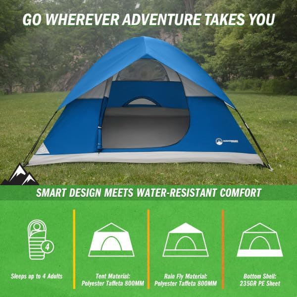4 Person Camping Tent with Rainfly and Carrying Bag - Easy Pop Up Family Tents for Camping Essentials, Beach, Hiking, Backpacking, Mountaineering and Camp Travel