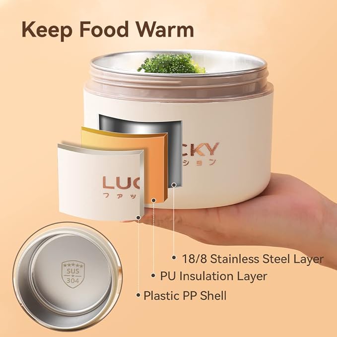 YBOBK HOME Thermal Bento Lunch Box, Portable Insulated Lunch Container For Kid Aldult To School Work, Keep Food Warm Stainless Steel Lunch Box With Bag, Induction Cooker & Microwave Safe (Beige 34oz)