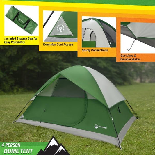 4 Person Camping Tent with Rainfly and Carrying Bag - Easy Pop Up Family Tents for Camping Essentials, Beach, Hiking, Backpacking, Mountaineering and Camp Travel