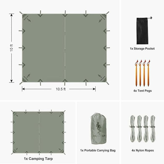 FREE SOLDIER Camping Tarp Waterproof Portable Multifunctional Outdoor Traveling Awning Backpacking Shelter Rain Tarp (Bean Green 10×10.5ft)