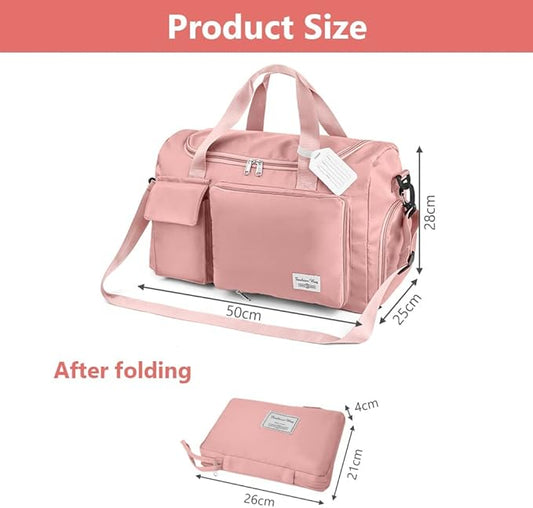 Travel Duffel Bag, Foldable Gym Bag with Luggage Tag, Large Capacity Weekend Overnight Bags with Wet and Dry Separation Bag, Waterproof Sports Tote Bag, for Travel, Sports, Gym (Pink)