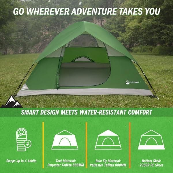 4 Person Camping Tent with Rainfly and Carrying Bag - Easy Pop Up Family Tents for Camping Essentials, Beach, Hiking, Backpacking, Mountaineering and Camp Travel