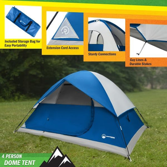 4 Person Camping Tent with Rainfly and Carrying Bag - Easy Pop Up Family Tents for Camping Essentials, Beach, Hiking, Backpacking, Mountaineering and Camp Travel