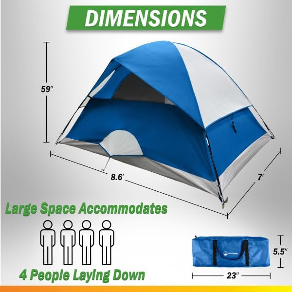 4 Person Camping Tent with Rainfly and Carrying Bag - Easy Pop Up Family Tents for Camping Essentials, Beach, Hiking, Backpacking, Mountaineering and Camp Travel
