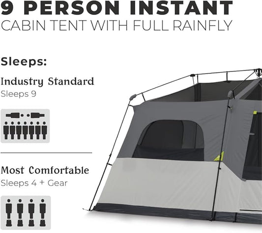 CORE Instant Cabin Tents | 6 Person / 9 Person / 10 Person / 12 Person Family Cabin Multi Room Pop Up Tents Car Camping | Included Storage Pockets for Camping Accessories