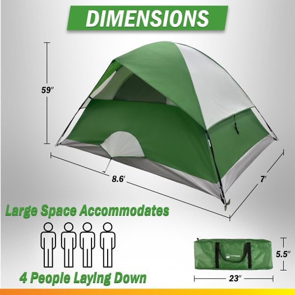 4 Person Camping Tent with Rainfly and Carrying Bag - Easy Pop Up Family Tents for Camping Essentials, Beach, Hiking, Backpacking, Mountaineering and Camp Travel