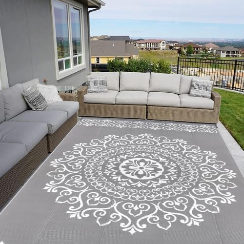 Pauwer Waterproof Outdoor Rug 8x10, Reversible Plastic Straw Patio Camping Rug, Indoor Outdoor RV Mat Carpet for Deck, Camper, Porch, Balcony, Backyard, Picnic, Floral Grey