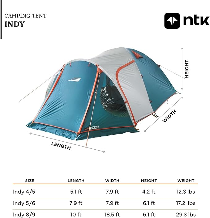 NTK Indy GT 4/6/8 Person Outdoor Tent for Camping | Extended Front & Canopy | 100% Waterproof Dome & Breathable Mesh | 3 Season Easy Setup Tent