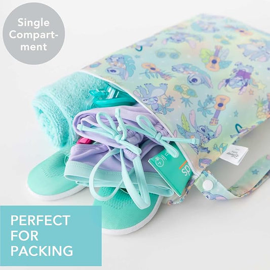 Bumkins Disney Waterproof Wet Bag for Baby, Travel, Swim Suit, Cloth Diapers, Pump Parts, Pool, Beach, Gym Clothes, Toiletry, Hook to Stroller, Daycare, Zipper Reusable Wetdry Packing Pouch, Stitch