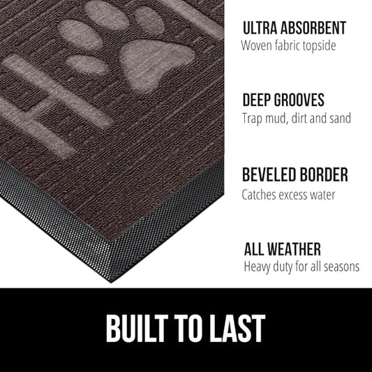 GORILLA GRIP 100% Waterproof All-Season WeatherMax Doormat, Durable Natural Rubber, Stain and Fade Resistant, Low Profile, Indoor Outdoor Door Mats, Easy Clean Patio Entrance Mat, Espresso Home Paw
