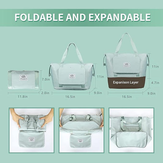 Expandable Travel Duffel Tote Bag - Foldable Overnight Weekender, Carry-On, Swim & Gym Bag - Fits Spirit Airlines Personal Item Size - Lightweight, Waterproof & Durable with Trolley Sleeve,Green