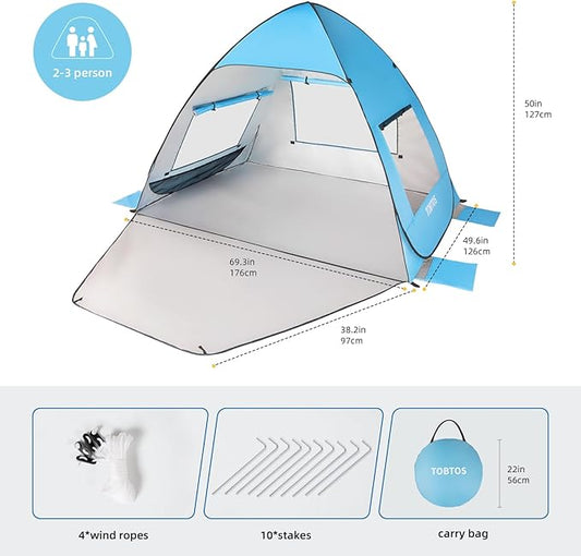 TOBTOS UPF 50+ Pop Up Beach Tent, Easy Set Up Beach Umbrella, Sun Shelter for 2-3 People UV Protection Portable Sunshade, Baby Canopy Cabana, Lightweight with Carry Bag