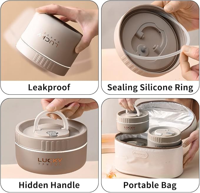 YBOBK HOME Thermal Bento Box Aldult Lunch Box, Portable Insulated Lunch Container For Work Picnic, Keep Warm Stainless Steel Food Container With Bag, Induction Cooker & Microwave Safe (Khaki 68oz)
