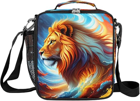 Lion Colorful Ocean Wave Art Animal Boys Lunch Box, Reusable Insulated Waterproof With Adjustable Shoulder Strap, Thermal Cooler Tote Bag for School, Daycare, Picnic