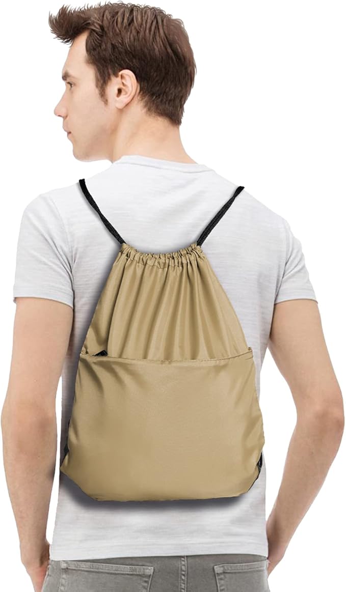 BuyAgain Drawstring Backpack Sports Water Resistant String Bag Sport Gym Sackpack for Women Men Large with Zipper, Khaki