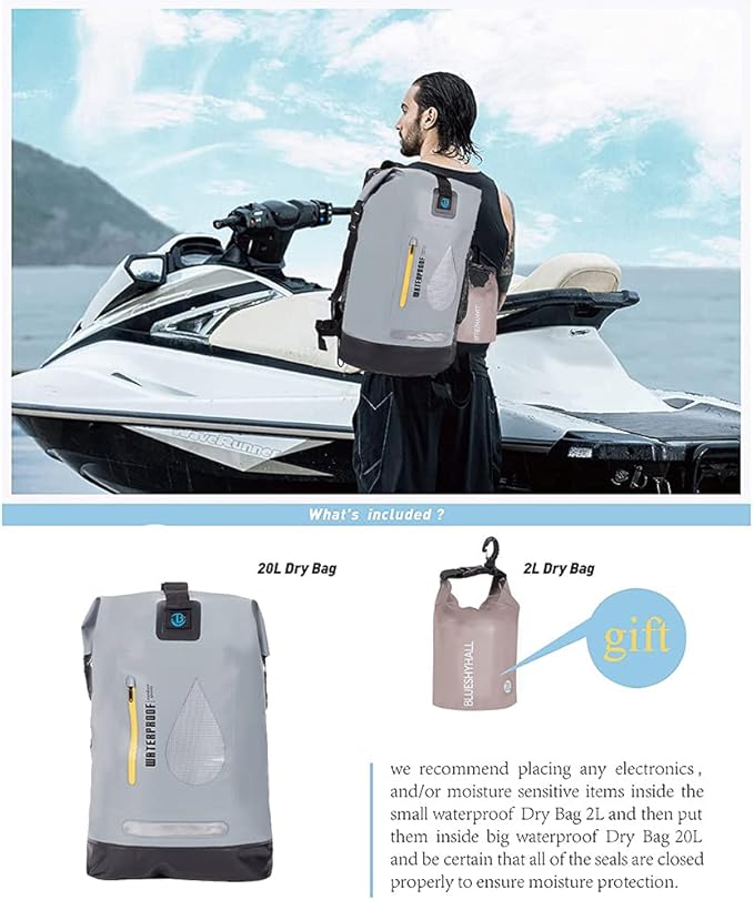 Blueshyhall 20L Waterproof Dry Backpack, Outdoor Travel Roll Top Closure Water Repellent Duffle Storage Sack for Kayaking Rafting Boating Fishing Camping and Beach - Grey