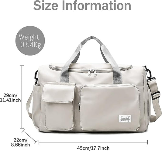Travel Duffel Bag with Shoes Compartment Sports Gym Bag with Dry Wet Separated Pocket for Men and Women, Overnight Bag Weekender Bag Training Handbag Yoga Bag - White Gray
