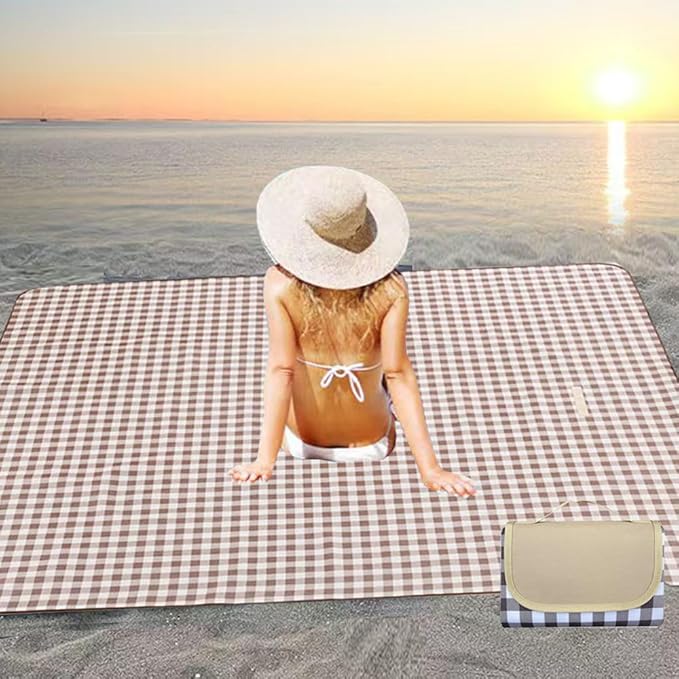 Extra Large 80x80inch Outdoor Picnic Blanket, XL Foldable Waterproof Sand Beach Mat for Beach Camping Hiking Travel Family Concerts Portable Beach Blankets(Light Brown)