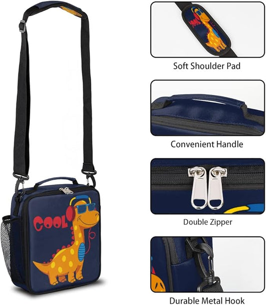 Dinosaur Lunch Box for Kids, Cool Dinosaur Music Lunch Bag for Boys Girls, Reusable Insulated Waterproof Lunch Box with Adjustable Shoulder Strap Thermal Cooler Tote Bag for School Daycare Picnic