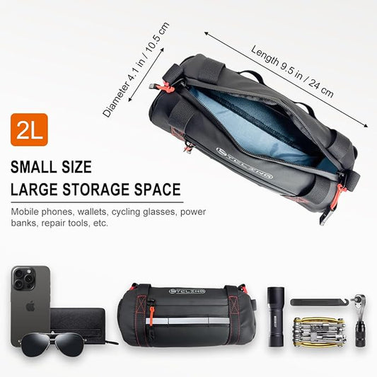 Bike Handlebar Bag, Waterproof Bicycle Front Roll Bag with Reflective Area, Cycling Storage Pouch with Waterproof Zipper Shoulder Strap Removable Straps for Road Mountain E-Bikes