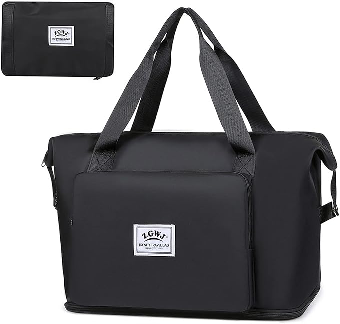 Expandable Travel Duffel Tote Bag - Foldable Overnight Weekender, Carry-On, Swim & Gym Bag - Fits Spirit Airlines Personal Item Size - Lightweight, Waterproof & Durable with Trolley Sleeve,Black