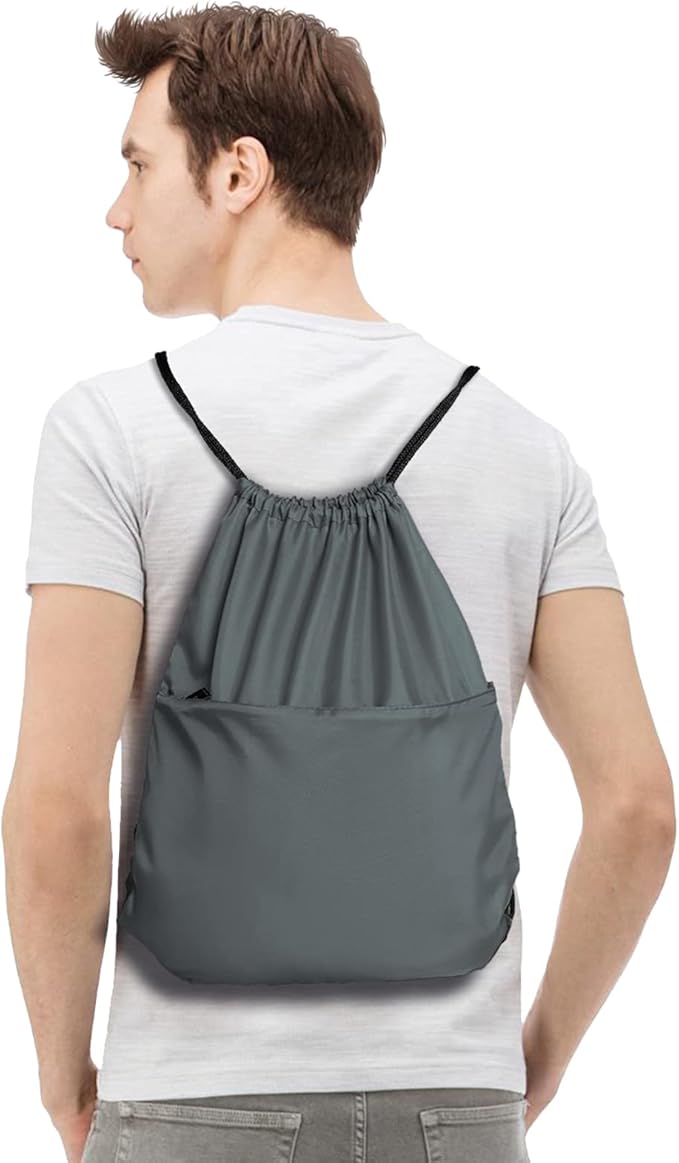 BuyAgain Drawstring Backpack Sports Water Resistant String Bag Sport Gym Sackpack for Women Men Large with Zipper, Grey
