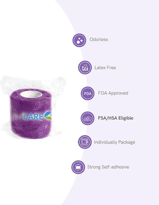 FriCARE Self Adhesive Bandage Wrap, Medical Tape in First Aid Kit, Cohesive Bandages for Wounds Sport Vet, FSA/HSA Eligible, 2 Inches X 5 Yards 6 Rolls, Purple