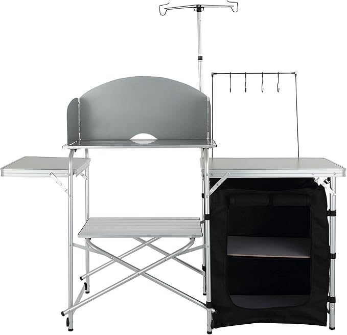 VEVOR Camping Kitchen Table, Aluminum Portable Folding Camp Cook Station with Windscreen, Cupboard, Storage Organizer, Carrying Bag, Quick Installation for Outdoor Picnic Beach BBQ RV Traveling, Black
