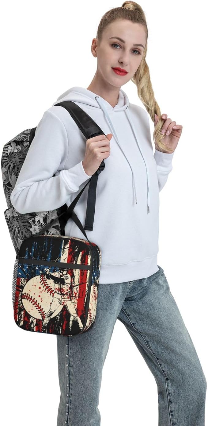Baseball Stitches American Flag Insulated Lunch Bag, Baseball Sport Lunch Box Tote Cooler Reusable Lunch Pail Adjustable Shoulder Strap and Side Pocket Outdoors Meal Bag For Women