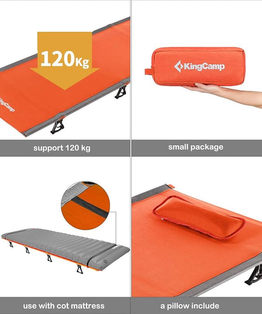 KingCamp Ultralight Camping Cot, Portable Folding Cots 265lbs Heavy Duty Sleeping Bed with Pad Pillow for Adults Outdoor Backpacking Travel Hiking, Orange