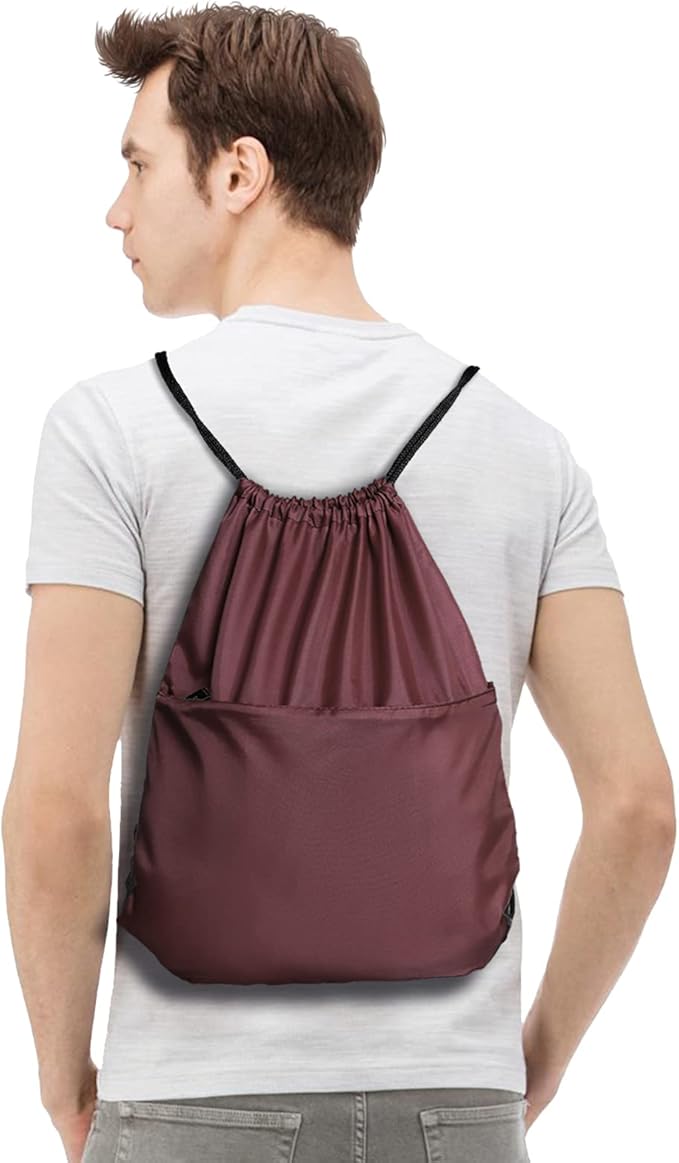 BuyAgain Drawstring Backpack Sports Water Resistant String Bag Sport Gym Sackpack for Women Men Large with Zipper, Burgundy