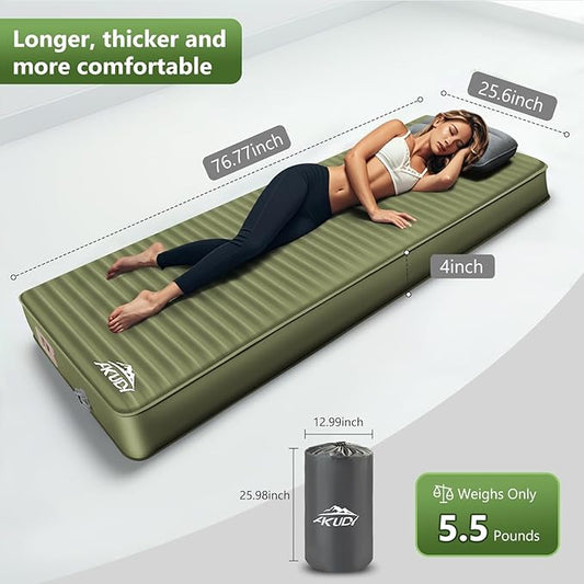 Self Inflating Sleeping Pad with Electric Pump, 4" Ultra-Thick Memory Foam Camping Pad with Pillow, 9.5 R-Value Insulated Camping Mattress, Army Yellow