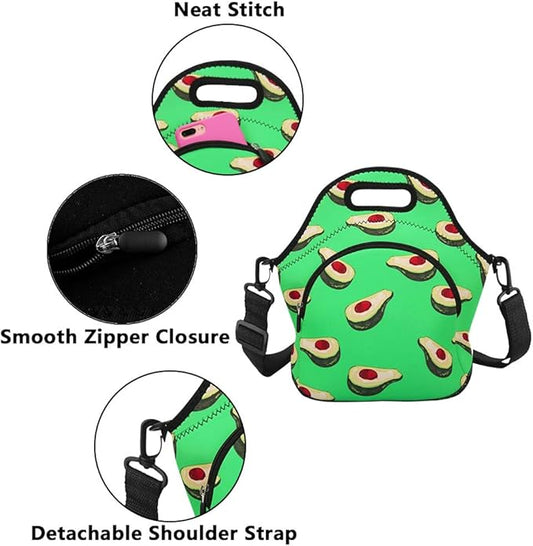 Violet Mist Neoprene Lunch Bag Insulated Lunch Bag Tote Cute Large Thermal Lunchbags with Extra Pocket Detachable Adjustable Shoulder Strap Lunchbox Food Handbags Gift for Women Men Adult, Avocado