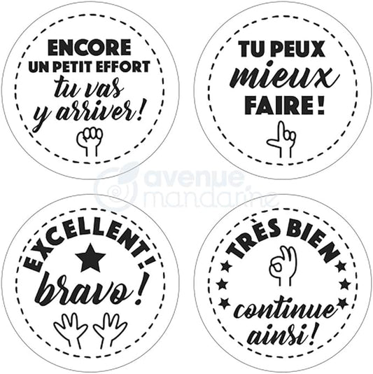 Avenue Mandarine - Ref CO157C - Appreciation Stamps (Set of 4) - Solid Quality Wooden Stamps with Positive Messages for Parents and Teachers to Add to Children's Work - Pack 1