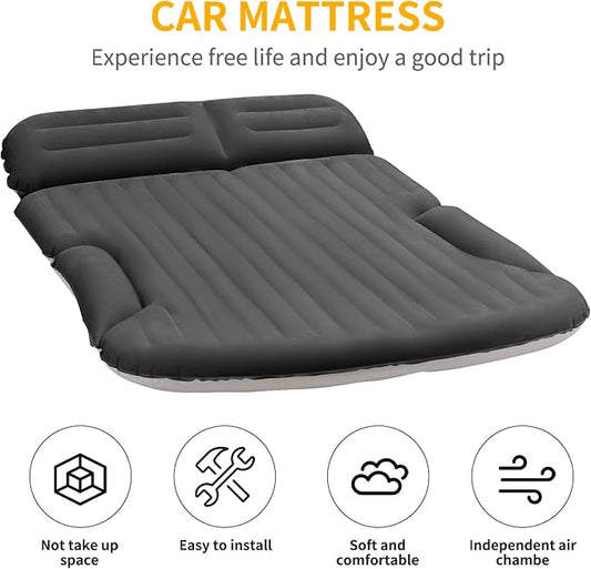 KMZ SUV Air Mattress Thickened and Double-Sided Flocking Travel Camping Bed with 2 Pillows & Electric Pump Dedicated Mobile Cushion Inflatable Bed for SUV Trunk and Rear Seat (Dark Gray)
