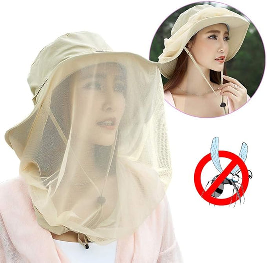 Mosquito Head Net Hat, Safari Sun Hat with Veil Mesh Protection from Insect