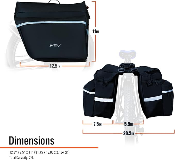BV Bike Panniers 26L With Adjustable Hooks, Commuter Panniers For Bicycles With Carrying Handle, Bag With 3M Reflective Trim For More Visibility, Fit Most Rack
