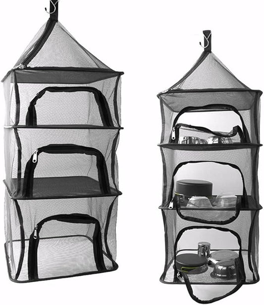 Desy & Feeci Camping Dry Net-4 Layer Outdoor Hanging Foldable Drying Rack, Camping Organizer Mesh Dryer Storage for Home Picnic BBQ Tableware/Dishes/Food/Vegetables/Fruit/Clothing (Black-Rectangle)