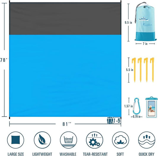 Beach Blanket Sandproof Waterproof 78''×81''1-5 Adults Oversized,Compact Lightweight Durable Beach Mat for Travel Camping Hiking Picnic Blanket