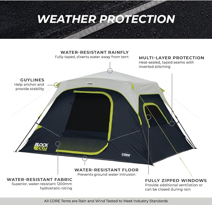 CORE Blackout Instant Cabin Tent | Large Family Pop Up Dark Room Tent with Easy Camp Setup | Included Storage Pockets for Outdoor Camping Accessories