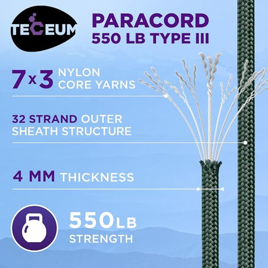 TECEUM Heavy Duty Rope 1000 – 1000ft / 200ft / 100ft / 50ft – 40+ Colors – Utility Rope for Survival & Camping Gear – Nylon String, Camping Rope, para Cord, Utility Nylon Rope, Tent Cord