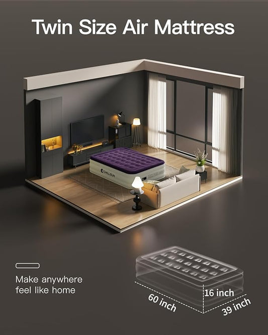 CHILLSUN Twin Air Mattress with Built in Pump, 16" Luxury Inflatable Mattress, Blow Up Mattress with Carrying Bag, Raised Elevated Double High Air Mattresses for Camping Guest & Home