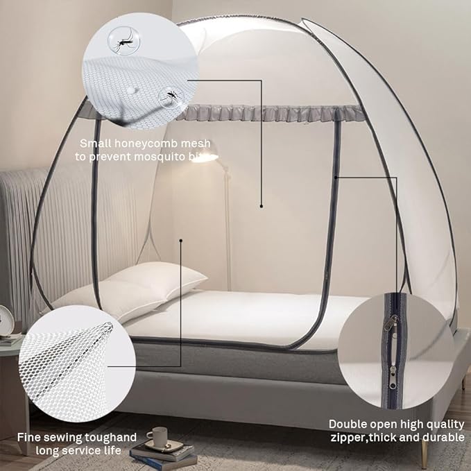 Mengersi Mosquito Net Tent for Bed,Pop-Up Bed Canopy with Net Bottom,Mosquito Netting Bed Tent for Kids Girls Boys,Bed,Suit for Indoor Outdoor (Twin, Gray)
